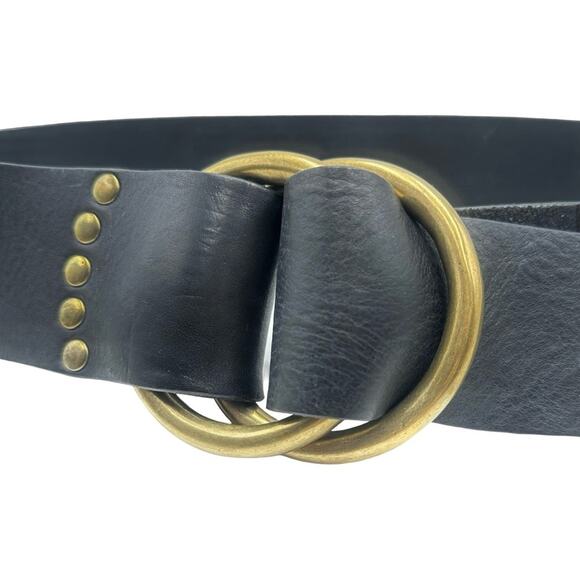 Ralph Lauren Black and Gold Leather Belt with Double-Ring Buckle - 42\